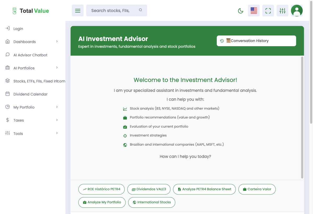 AI Investment Advisor home screen in English