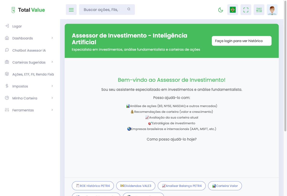 Tela do Assessor de Investimentos por IA (chatbot)