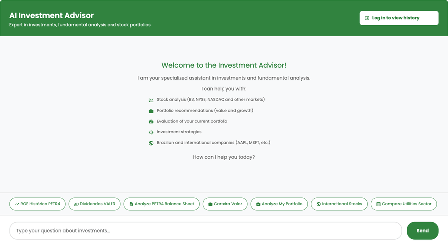 Animated demo of the Investment Advisor: welcome screen, a question about Apple's ROE and the answer