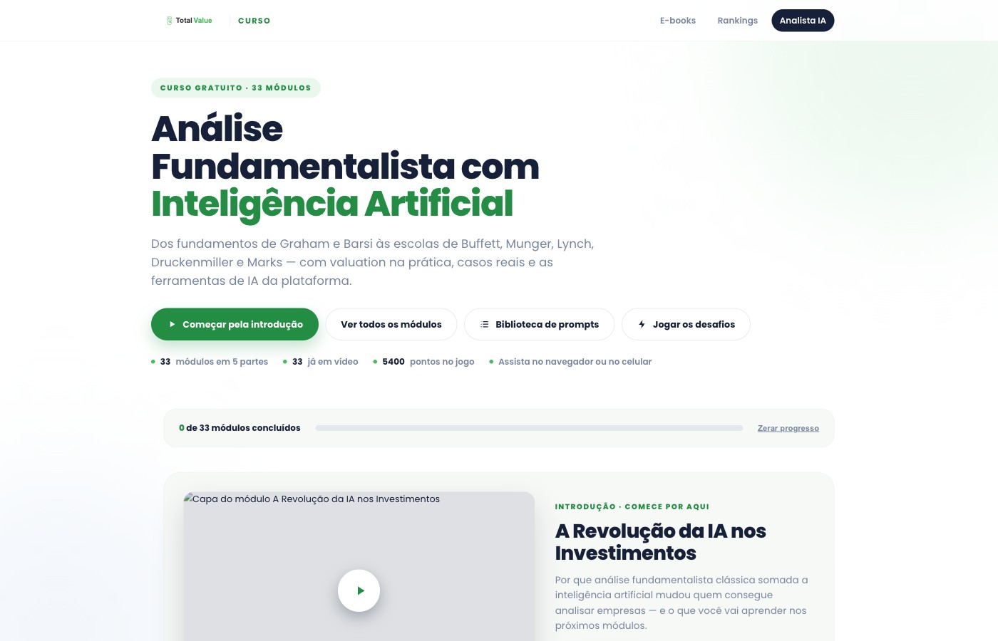 Tela inicial do Curso de Análise Fundamentalista com IA