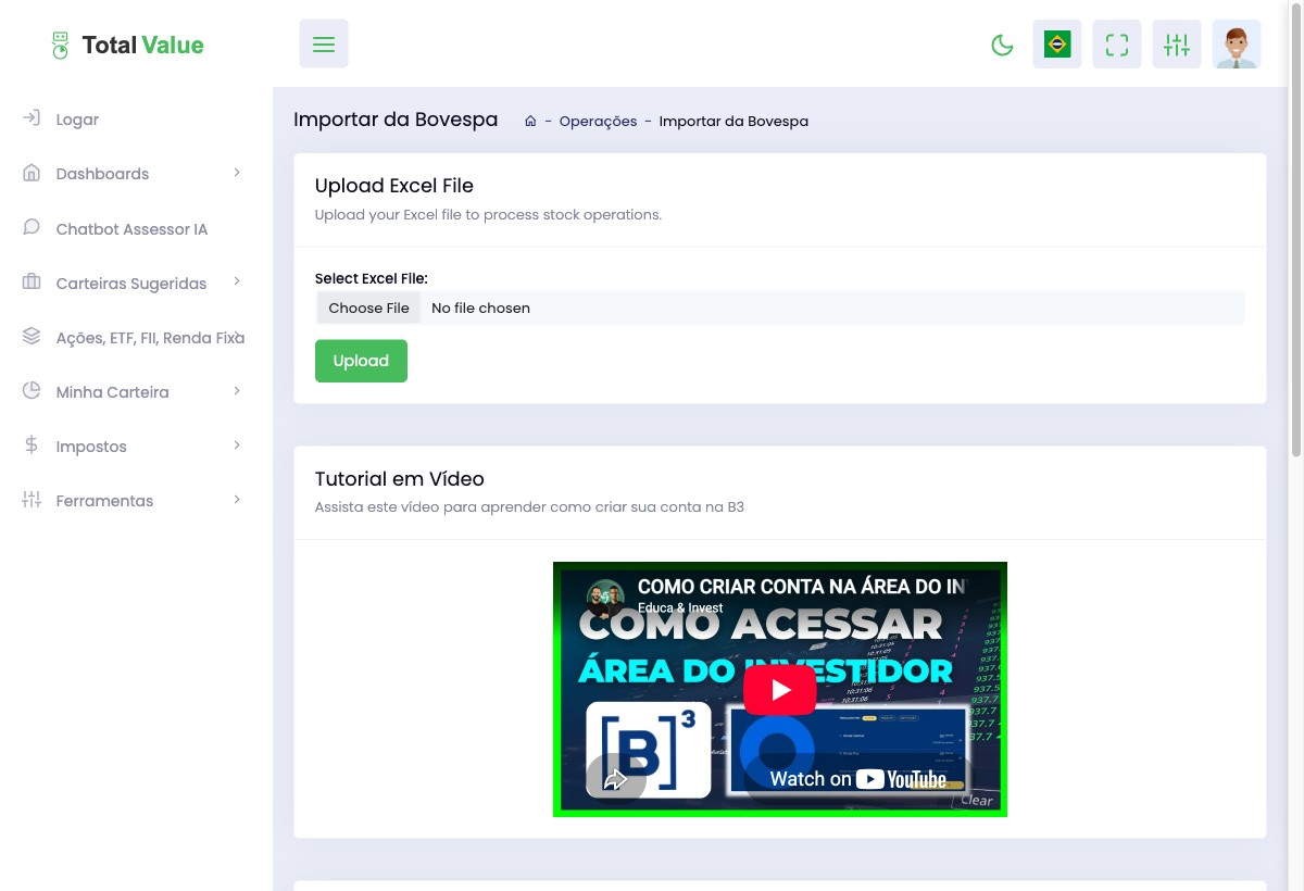 Tela de importação de operações da B3/Bovespa